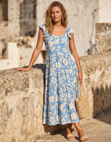 Ruffled Floral Tiered Midi Dress