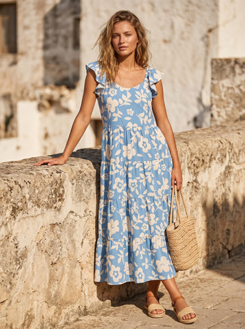 Ruffled Floral Tiered Midi Dress