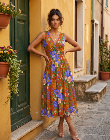 CORINNE
Floral Print V Neck A Line Midi Dress