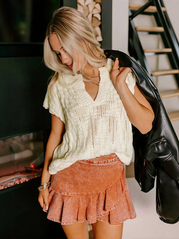 Textured V Neck Crochet Knit Sweater