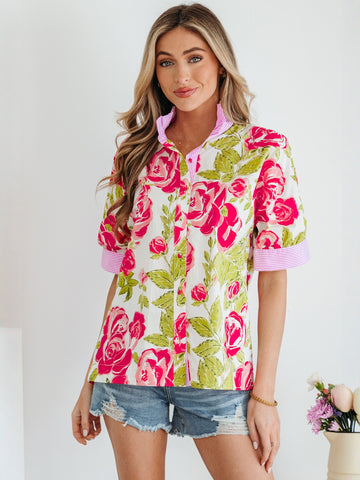 Floral Print Striped Cuff Shirt