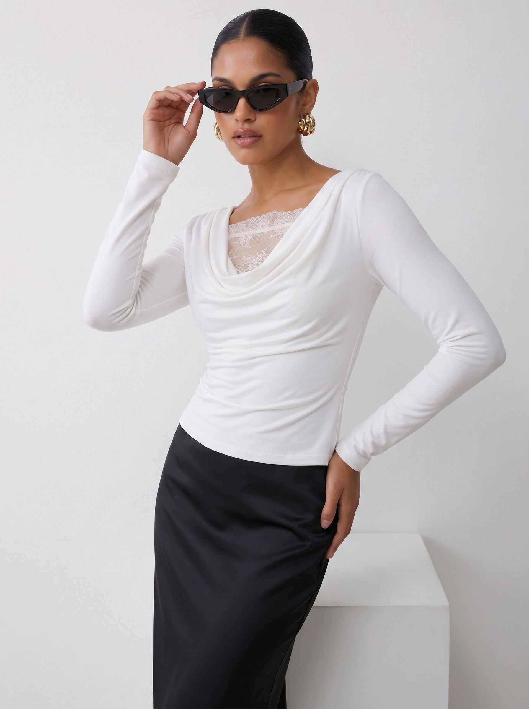 Elegant Lace Trim Cowl Neck T-shirt