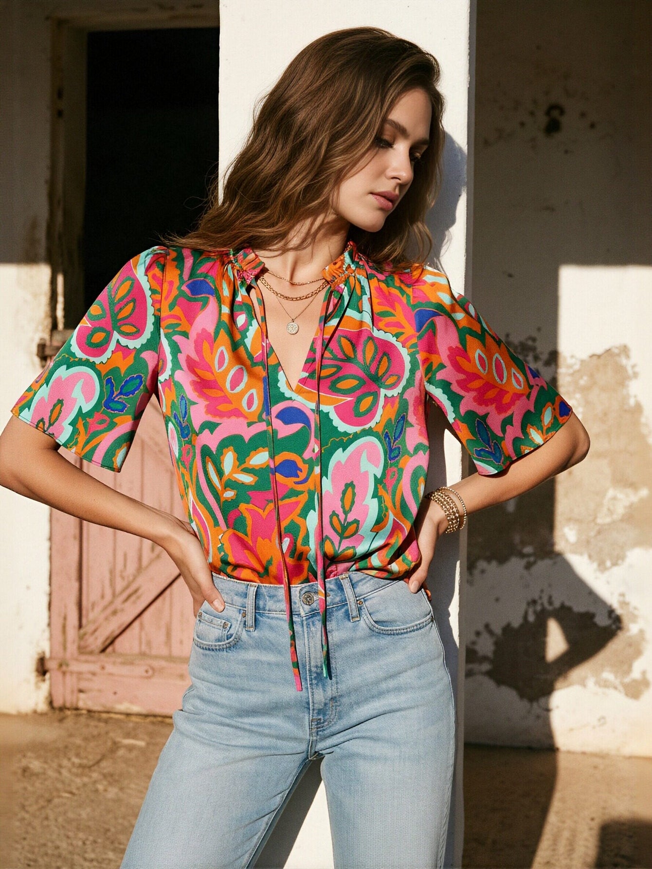 V Neck Floral Print Blouse