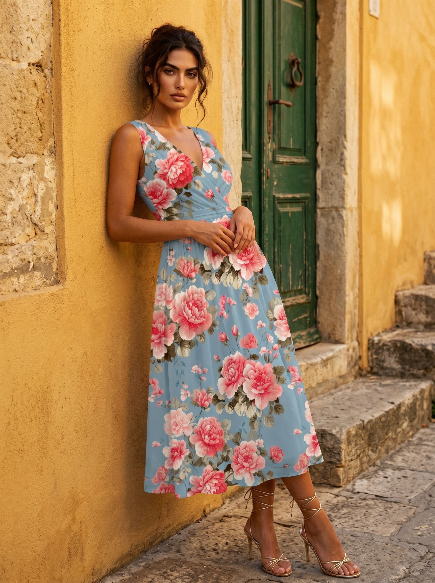 CORINNE
Floral Print V Neck A Line Midi Dress