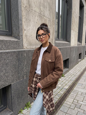 Brown Suede Ribbed Collar Jacket