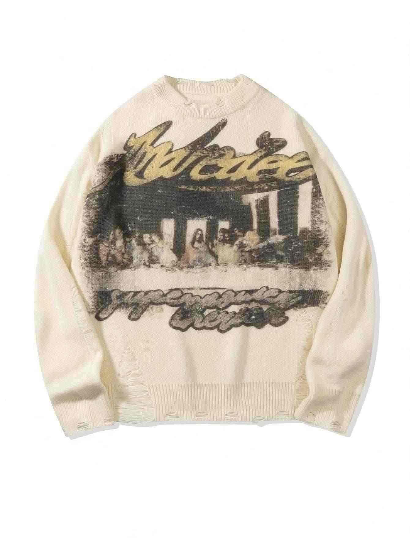 Distressed Graphic Oversized Knit Sweater