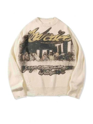 Distressed Graphic Oversized Knit Sweater