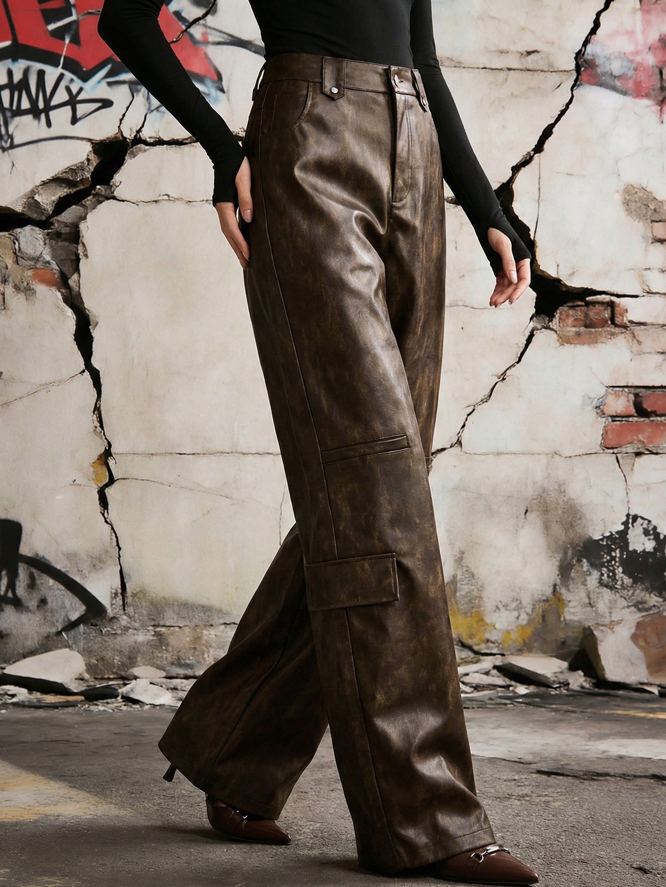 High Waisted Faux Leather Cargo Pants
