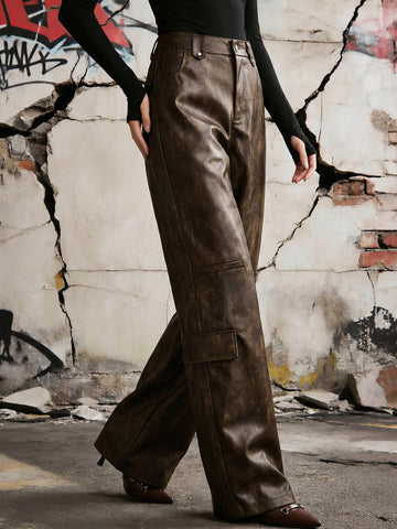 High Waisted Faux Leather Cargo Pants