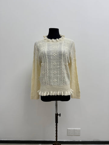 Ruffled Mock Neck Cable Knit Sweater