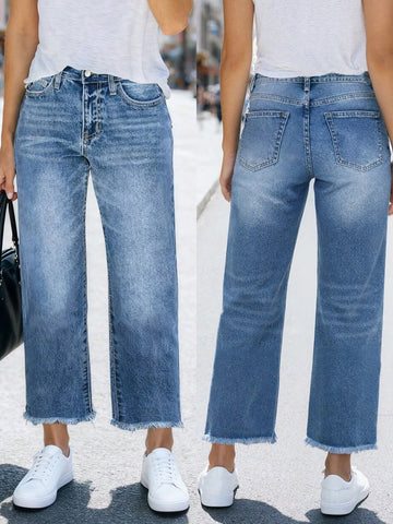 High Rise Raw Hem Wide Leg Jeans