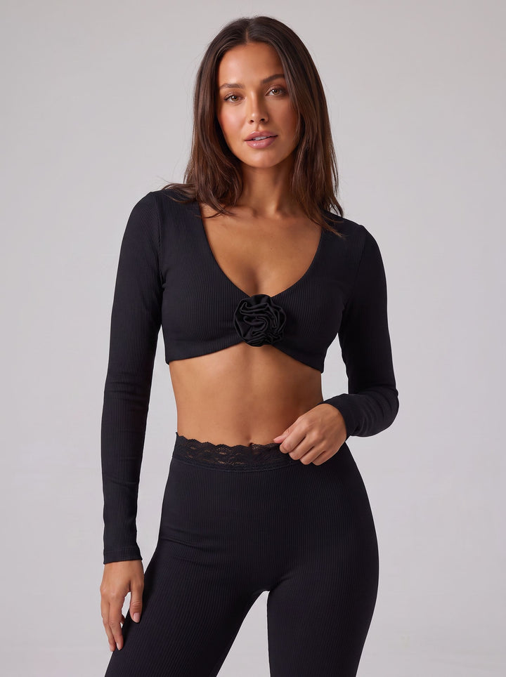 Floral Ribbed Long Sleeve Crop Top
