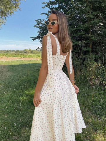 Floral Tie Strap Slit Dress