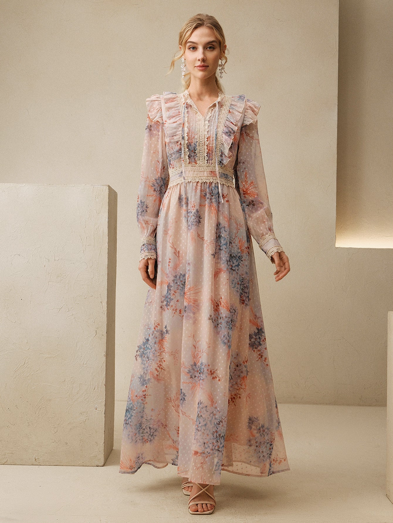 Ruffled Lace Floral Chiffon Maxi Dress