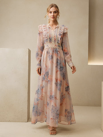 Ruffled Lace Floral Chiffon Maxi Dress