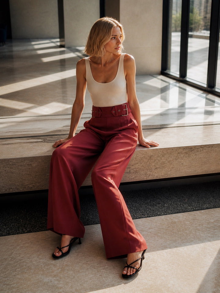 High Waisted Belted Wide Leg Pants