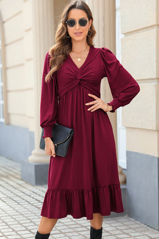 Twist Front Long Sleeve Midi Dress