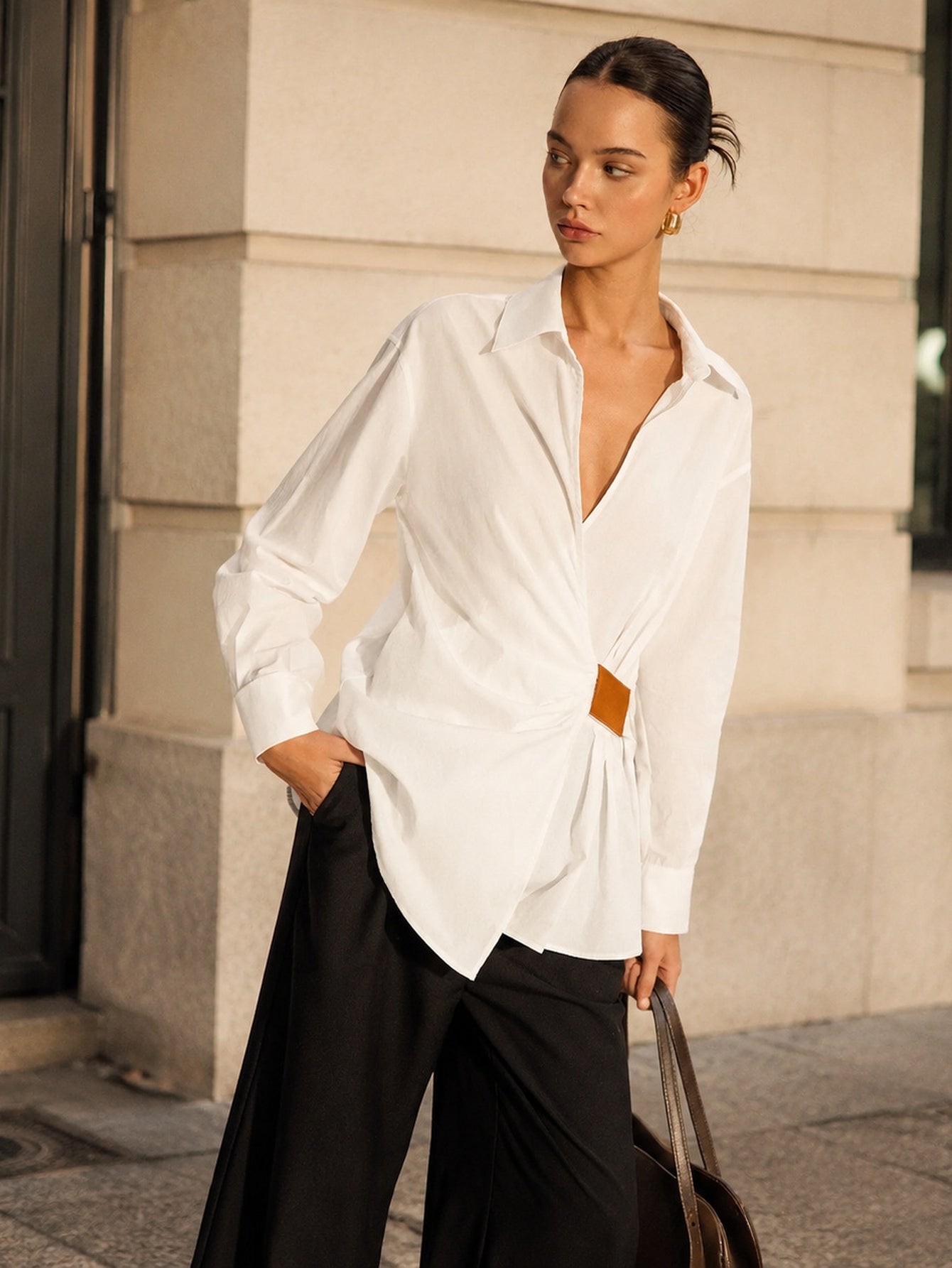 Elegant Ruched Waist Button Down Shirt