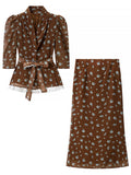 Floral Belted Puff Sleeve Skirt Set