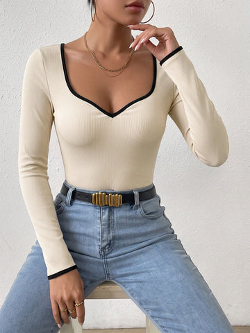 Ribbed Contrast Trim Long Sleeve Bodysuit