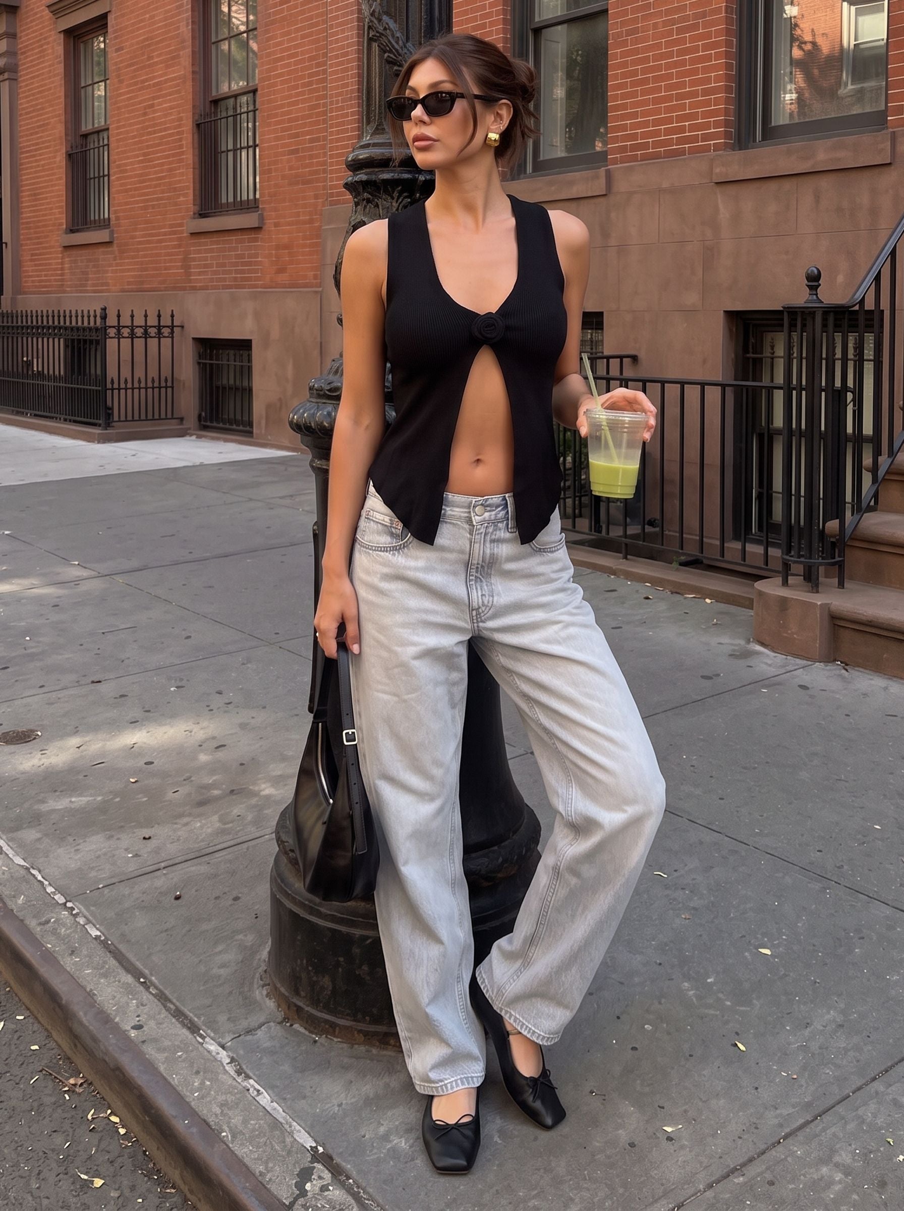 Ribbed Rose Detail Knit Tank Top