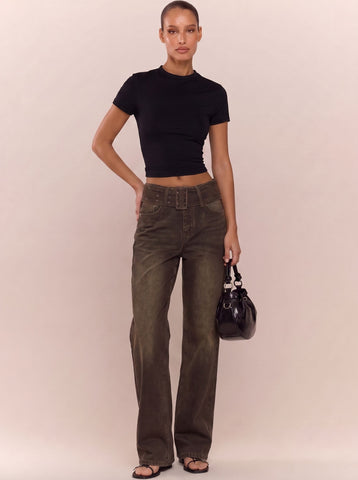 High Waisted Buckle Detail Jeans
