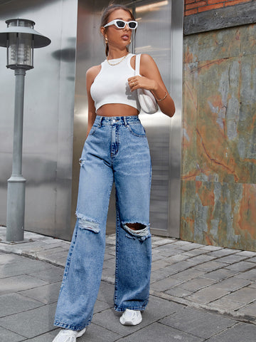 High Waisted Distressed Wide Leg Jeans