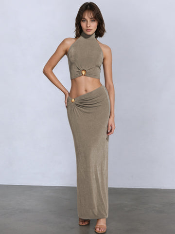 Twist Front Button Detail Midi Skirt