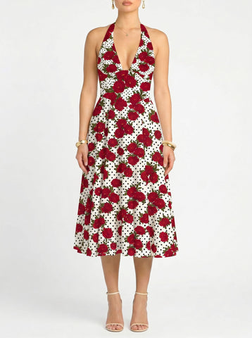 Floral Print Halter Neck Tie Back Midi Dress