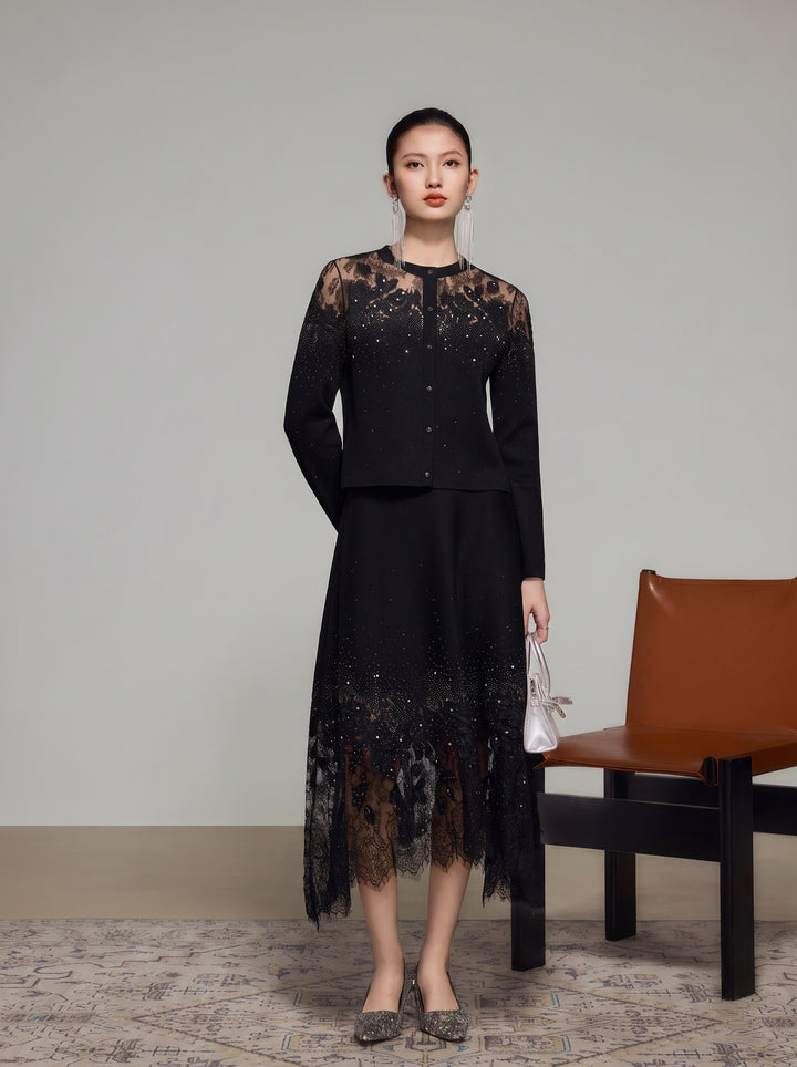 Embellished Lace Hem Midi Skirt