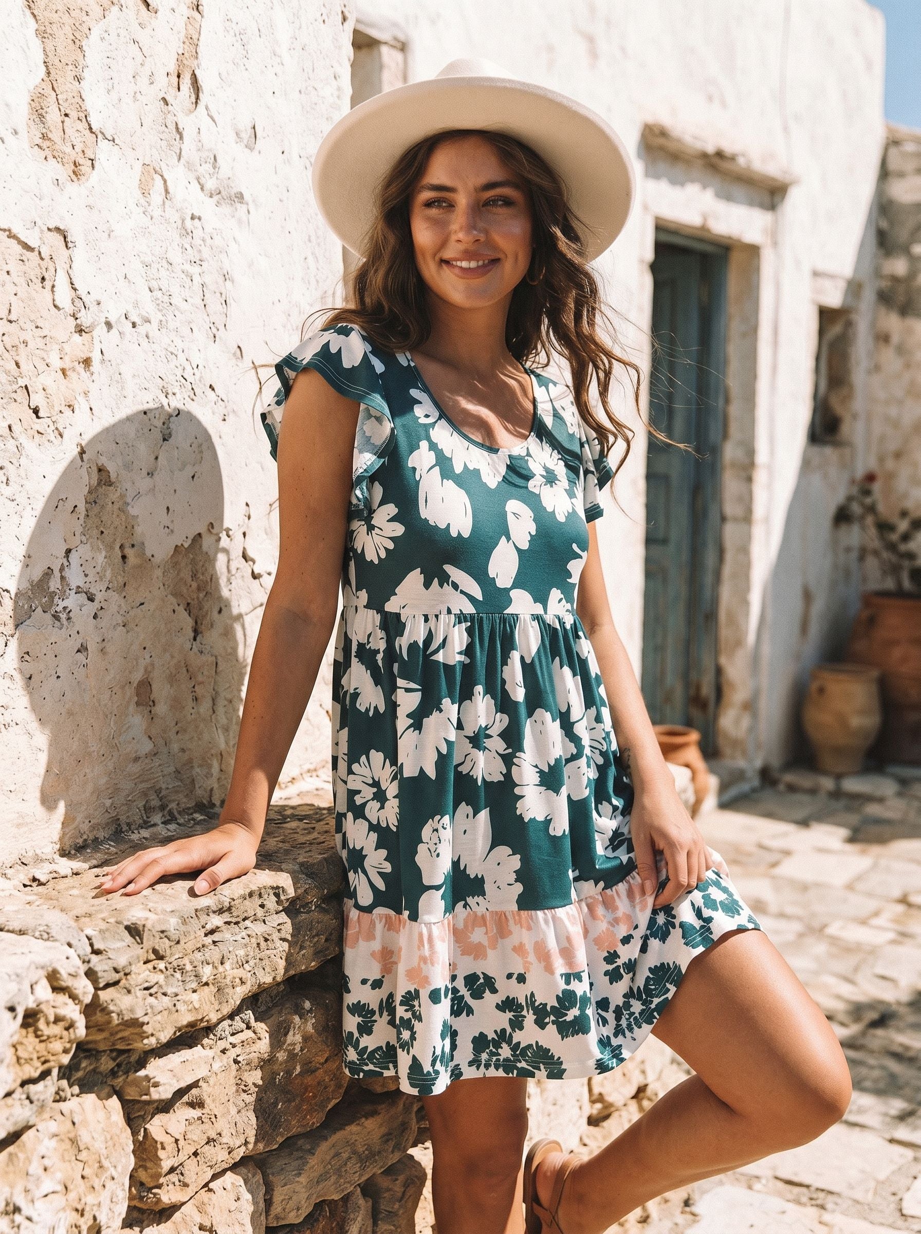 Floral Flutter Sleeve Tiered Dress