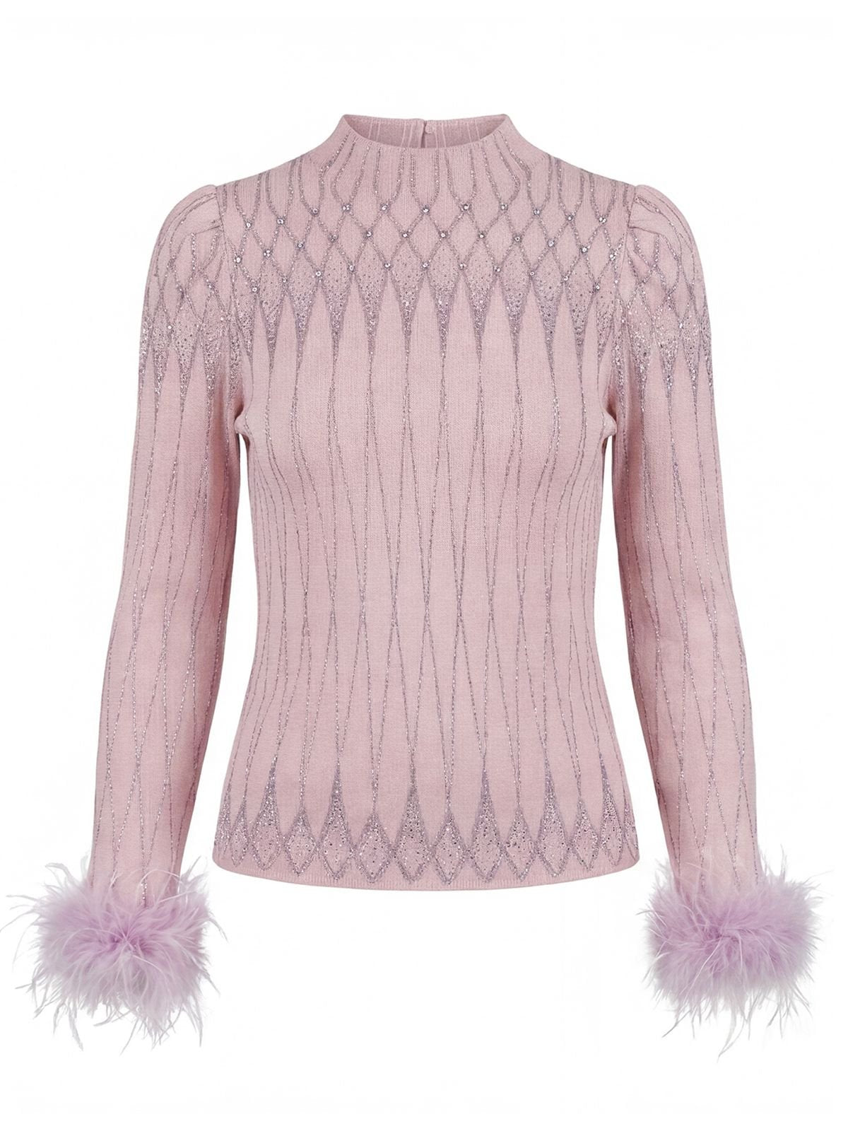 Sparkly Feather Trim Mock Neck Sweater