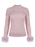 Sparkly Feather Trim Mock Neck Sweater