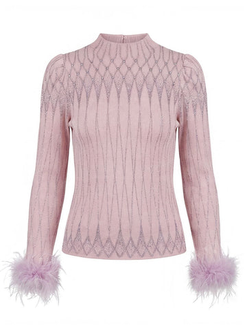 Sparkly Feather Trim Mock Neck Sweater