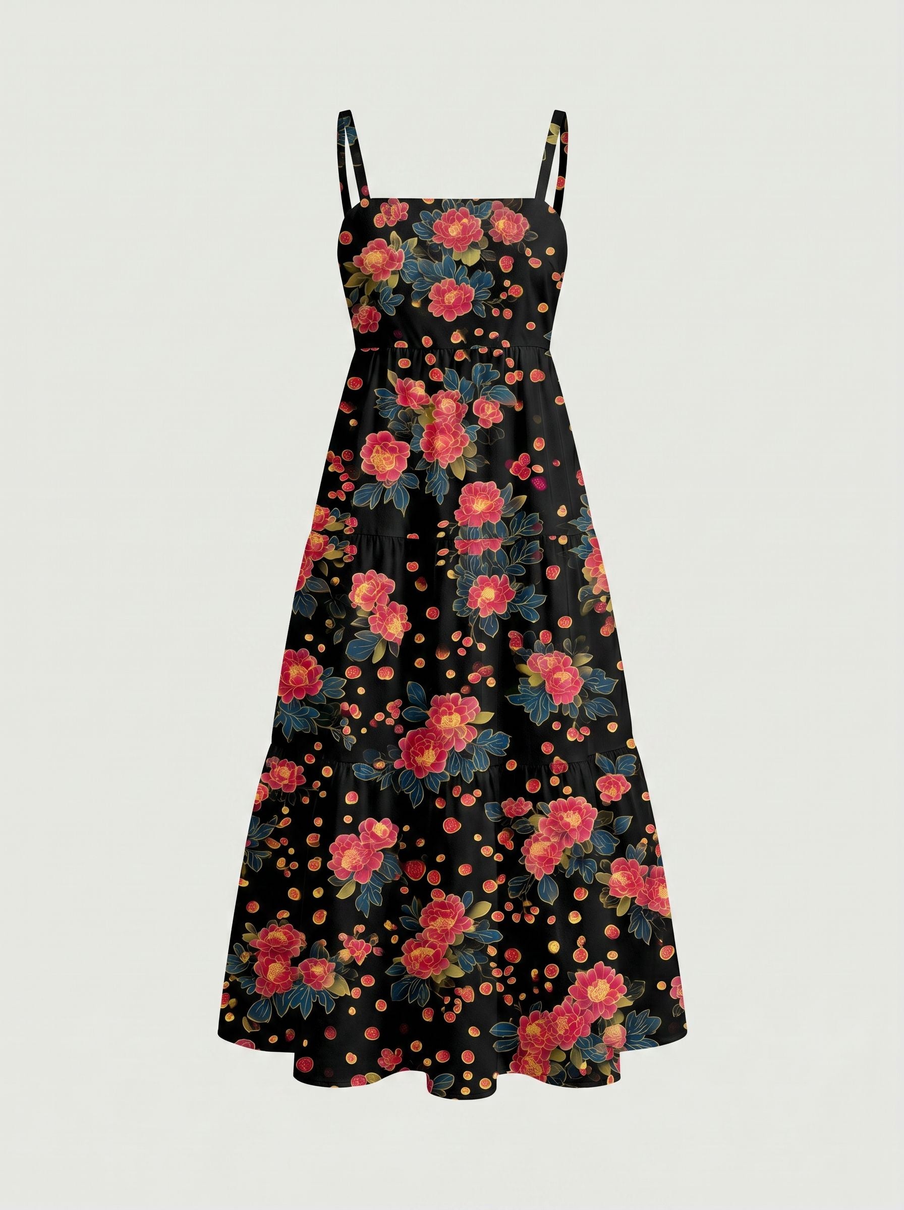 FLORA Floral Print Tiered Strap Midi Dress