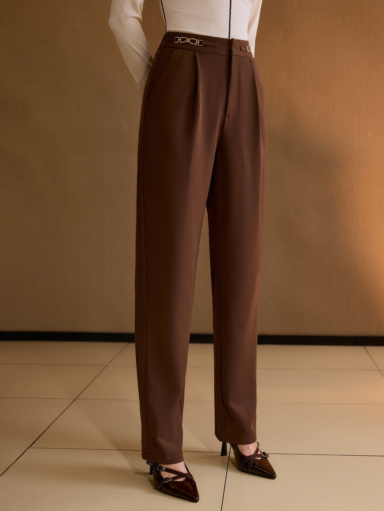 High Waisted Buckle Detailed Trousers