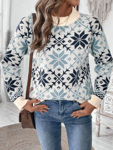 Cozy Snowflake Print Knit Pullover Sweater