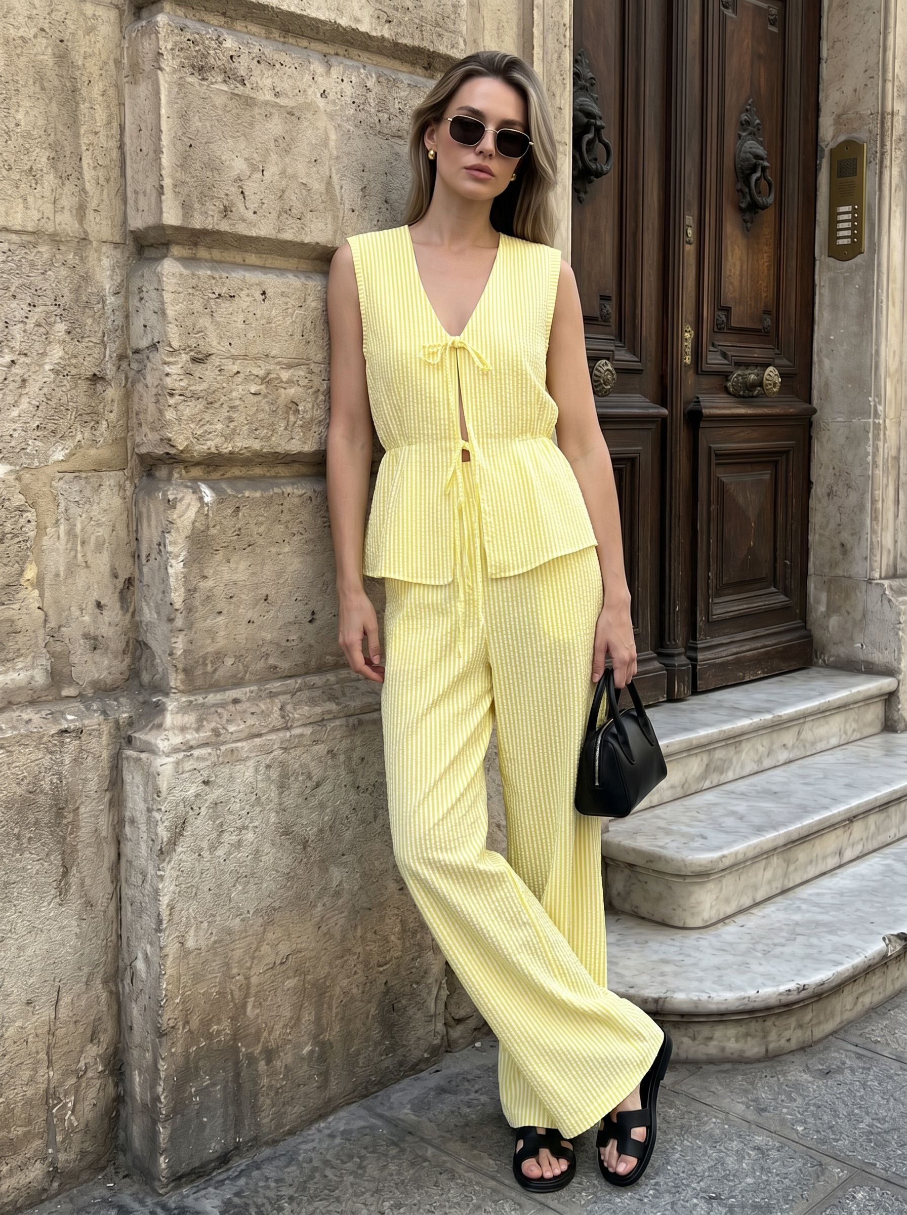 Yellow Striped Sleeveless Pants Set