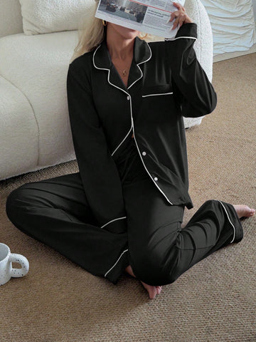 Soft Satin Piping Pajama Sleepwear Set