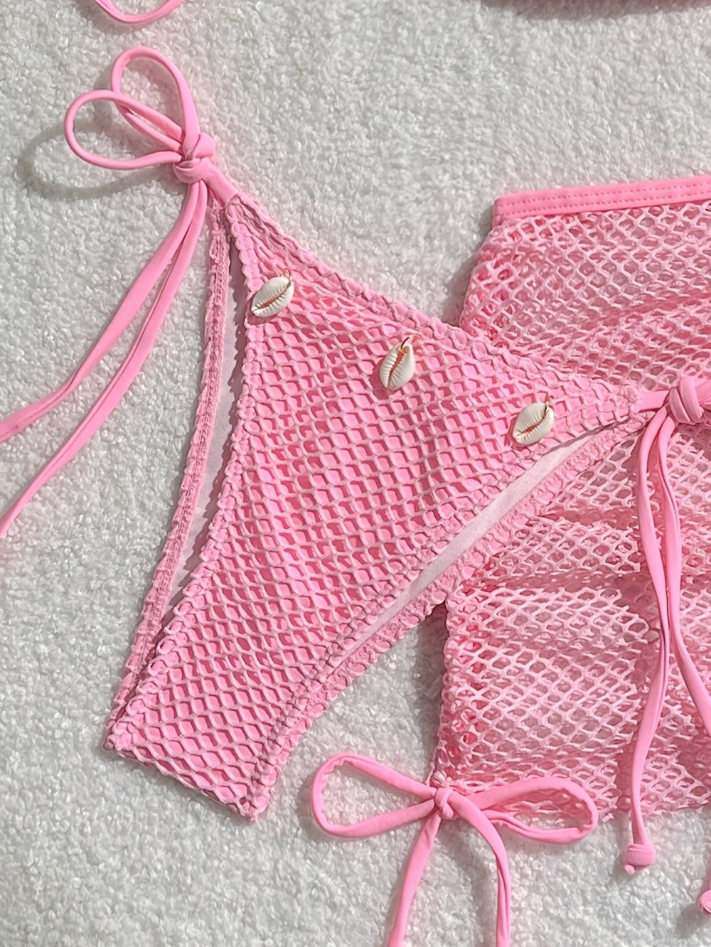 Pink Crochet Mesh Bikini Three Piece Set