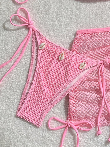 Pink Crochet Mesh Bikini Three Piece Set