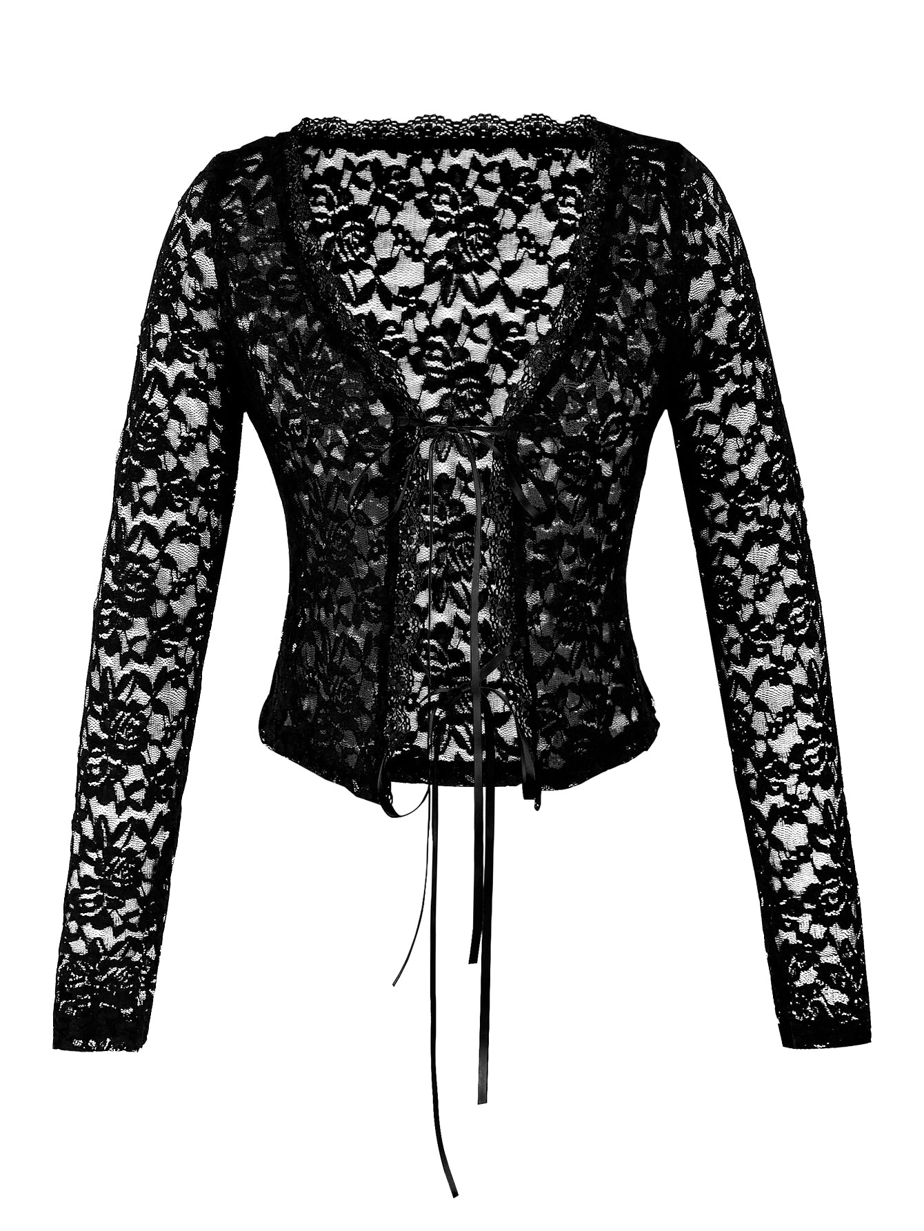Deep V Lace Tie Front Sexy Blouse-Black