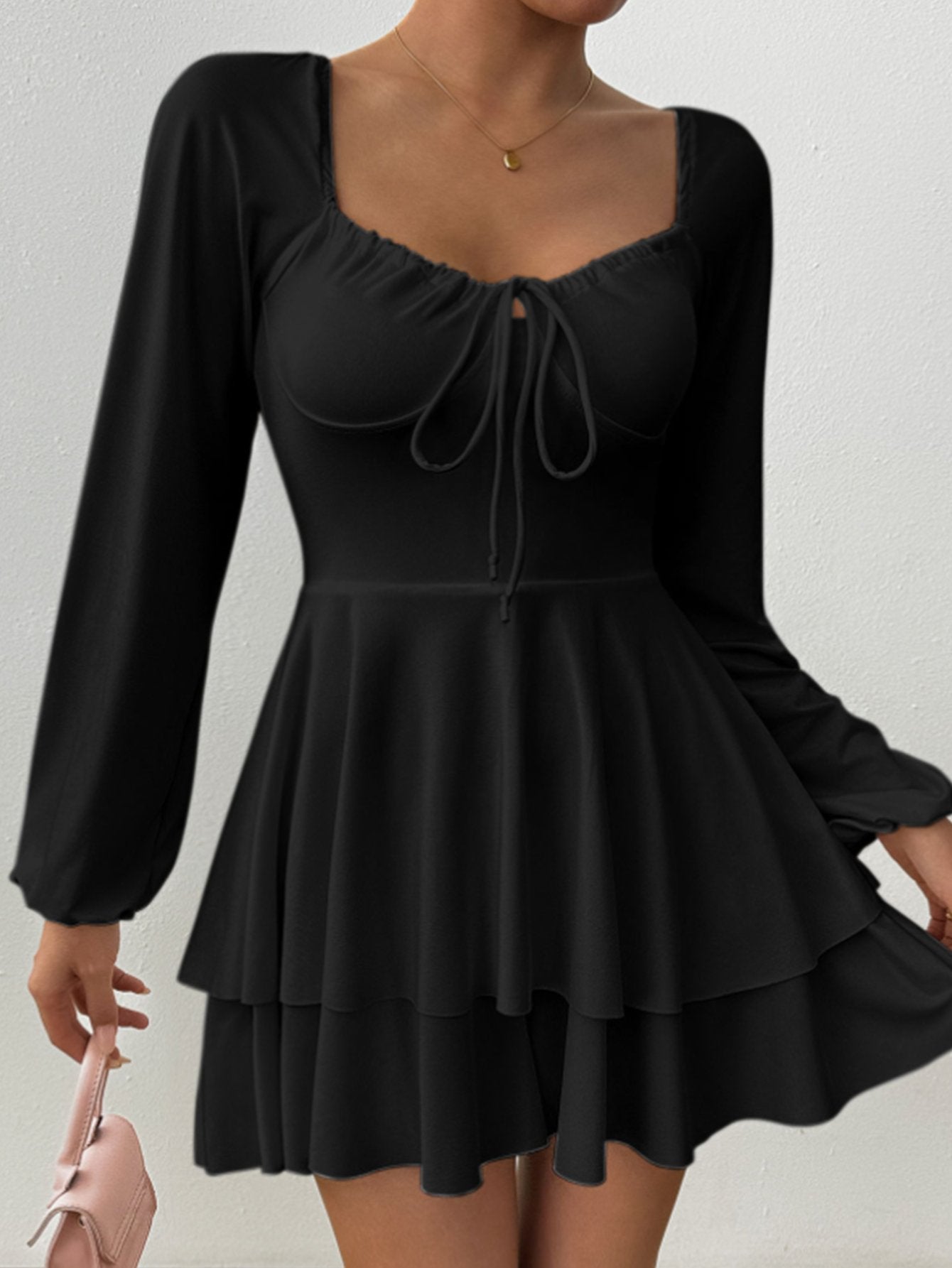 Square Neck Tie-Front Sweet Mini Dress