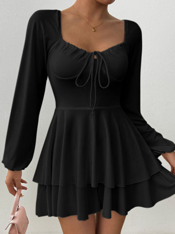Square Neck Tie-Front Sweet Mini Dress