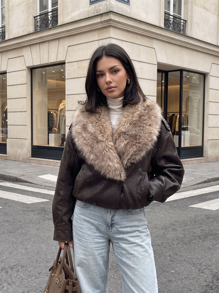 Faux Fur Collar Cropped Leather Jacket