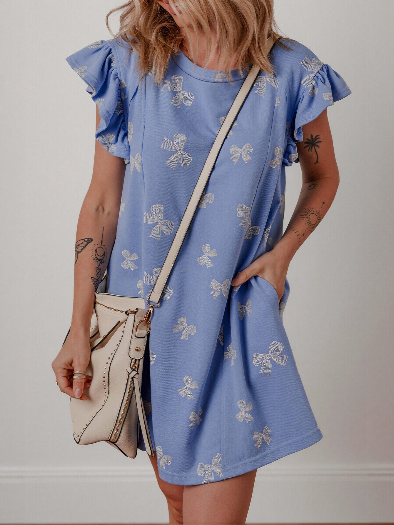 Cute Bow Print Ruffle Sleeve Dress