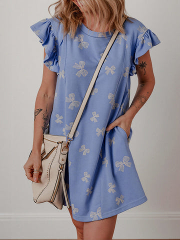 Cute Bow Print Ruffle Sleeve Dress