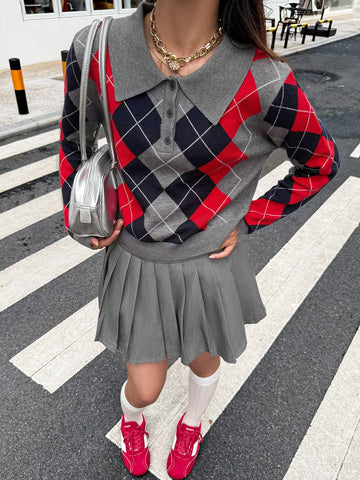 Preppy Argyle Collared Knit Sweater