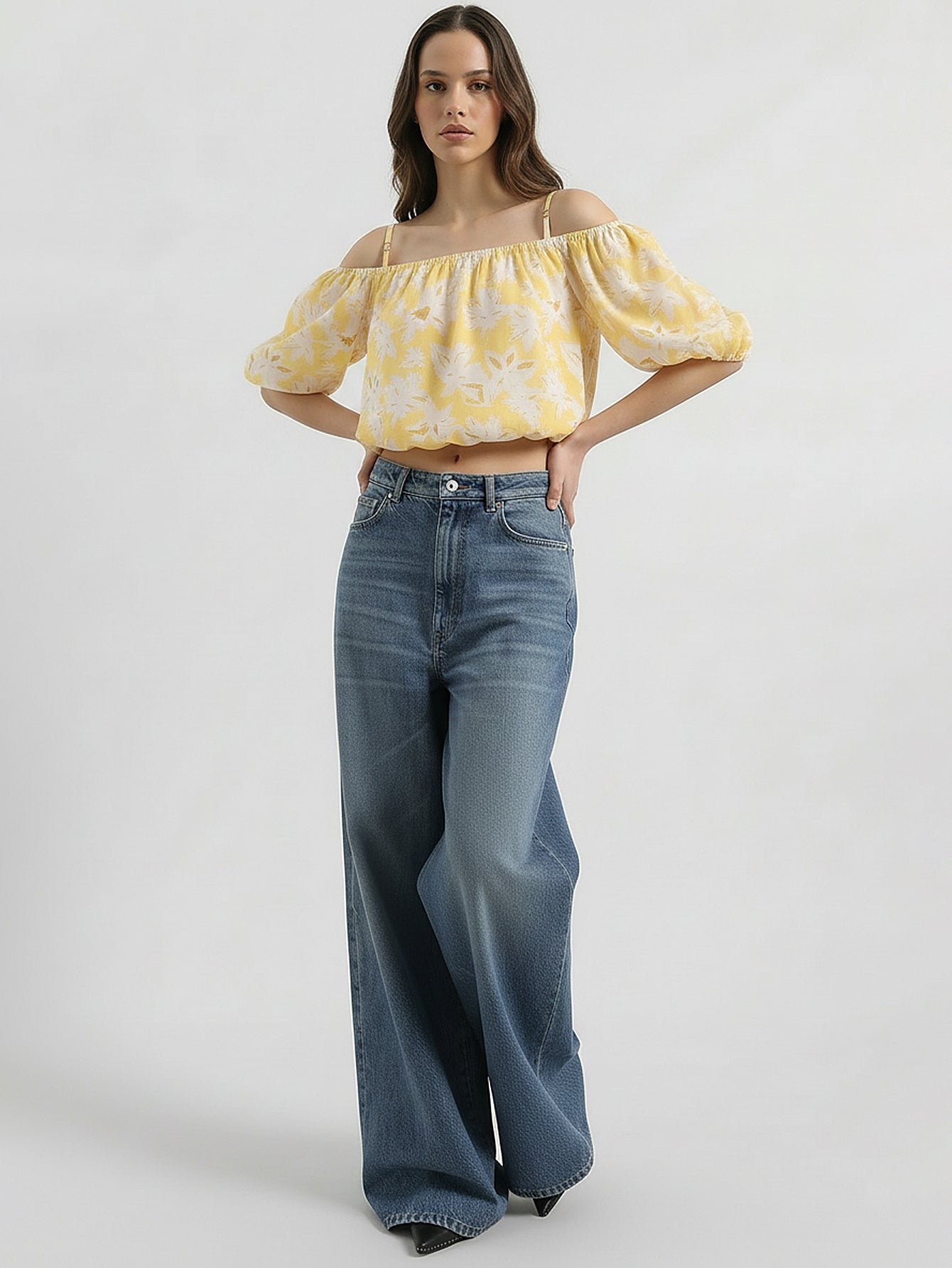 Off-shoulder Flower Print Top
