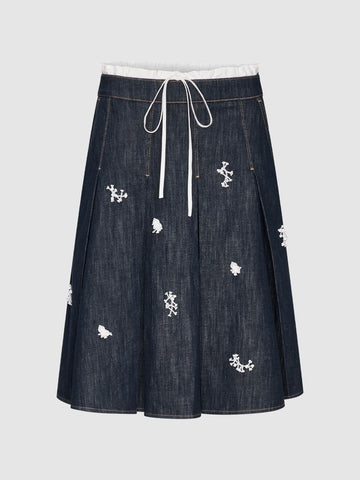 Urban Revivo Ruffled Trim Embroidered Pleated Denim Midi Skirts-Blue